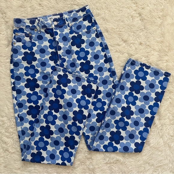 Zara Jeans Straight Leg High Rise Daisy Print Boho Hippie Floral Blue White 4 - Picture 2 of 12